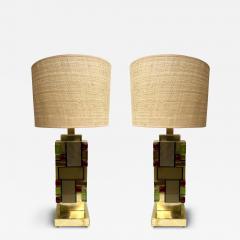 Contemporary Pair of Brass Textured and Cabochon Murano Glass Lamps Italy - 3689237