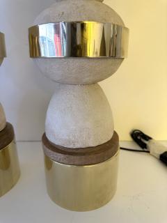 Contemporary Pair of Brass Wood and Concrete Cast Stone Lamps Italy - 3845452