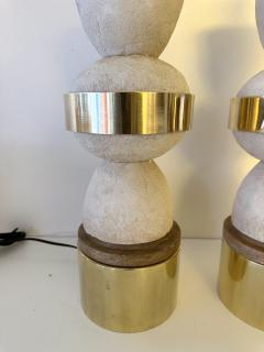 Contemporary Pair of Brass Wood and Concrete Cast Stone Lamps Italy - 3845454