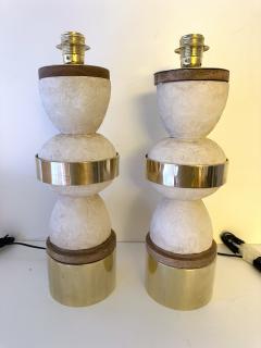 Contemporary Pair of Brass Wood and Concrete Cast Stone Lamps Italy - 3845455