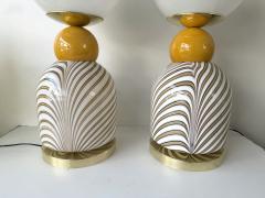 Contemporary Pair of Brass and Berlingo Stripe Murano Glass Lamps Italy - 4546025