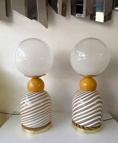Contemporary Pair of Brass and Berlingo Stripe Murano Glass Lamps Italy - 4546029