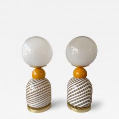 Contemporary Pair of Brass and Berlingo Stripe Murano Glass Lamps Italy - 4546195