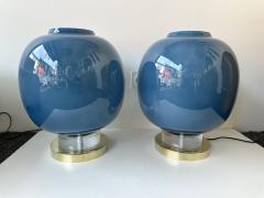 Contemporary Pair of Brass and Blue Murano Glass Bulb Lamps Italy - 4196823