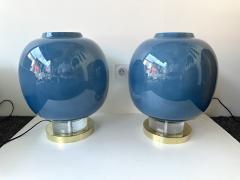 Contemporary Pair of Brass and Blue Murano Glass Bulb Lamps Italy - 4196824