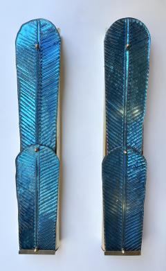 Contemporary Pair of Brass and Blue Murano Glass Palm Tree Sconces Italy - 4102374