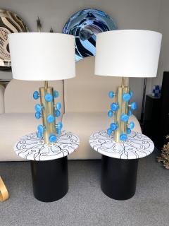 Contemporary Pair of Brass and Blue Murano Glass Spiral Lamps Italy - 2273688