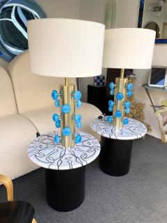 Contemporary Pair of Brass and Blue Murano Glass Spiral Lamps Italy - 2273689