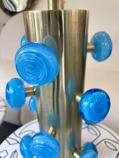 Contemporary Pair of Brass and Blue Murano Glass Spiral Lamps Italy - 2273691