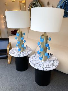 Contemporary Pair of Brass and Blue Murano Glass Spiral Lamps Italy - 2273694