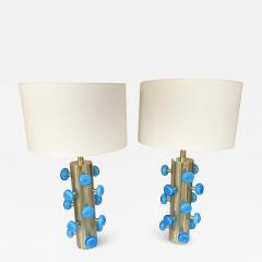 Contemporary Pair of Brass and Blue Murano Glass Spiral Lamps Italy - 2274304