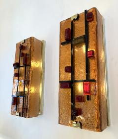Contemporary Pair of Brass and Coral Murano Glass Sconces Italy - 3540110