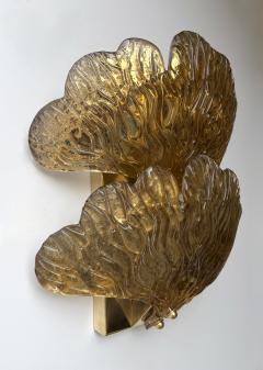 Contemporary Pair of Brass and Gold Murano Glass Palm Sconces Italy - 4548450