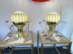 Contemporary Pair of Brass and Gray Murano Glass Flower Lamps Italy - 3405513