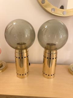 Contemporary Pair of Brass and Gray Murano Glass Globe Lamps Italy - 3399235