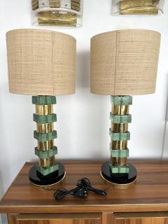 Contemporary Pair of Brass and Green Cube Murano Glass Lamps Italy - 3322245