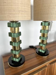 Contemporary Pair of Brass and Green Cube Murano Glass Lamps Italy - 3322251