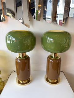 Contemporary Pair of Brass and Green Murano Glass Bulb Shade Lamps Italy - 4573099