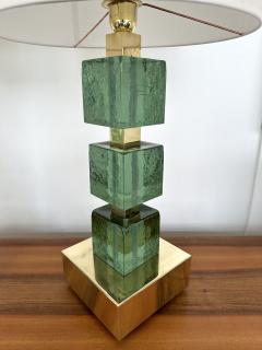 Contemporary Pair of Brass and Green Murano Glass Cube Lamps Italy - 3098502
