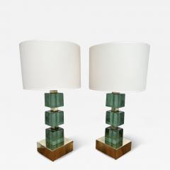 Contemporary Pair of Brass and Green Murano Glass Cube Lamps Italy - 3099296