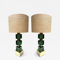 Contemporary Pair of Brass and Green Murano Glass Cube Lamps Italy - 3402187