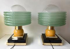 Contemporary Pair of Brass and Green Murano Glass Wave Shades Lamps Italy - 4500643