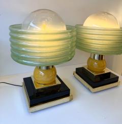 Contemporary Pair of Brass and Green Murano Glass Wave Shades Lamps Italy - 4500644