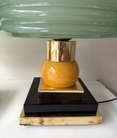 Contemporary Pair of Brass and Green Murano Glass Wave Shades Lamps Italy - 4500646