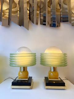 Contemporary Pair of Brass and Green Murano Glass Wave Shades Lamps Italy - 4500647