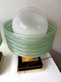 Contemporary Pair of Brass and Green Murano Glass Wave Shades Lamps Italy - 4500648