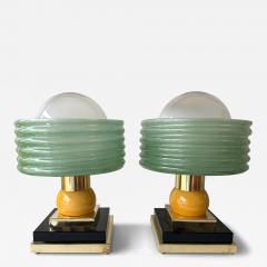Contemporary Pair of Brass and Green Murano Glass Wave Shades Lamps Italy - 4504348