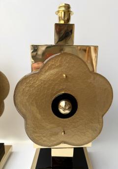 Contemporary Pair of Brass and Murano Glass Big Gold Flowers Lamps Italy - 4400163