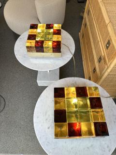 Contemporary Pair of Brass and Murano Glass Cube Marquetry Lamps Italy - 3178203