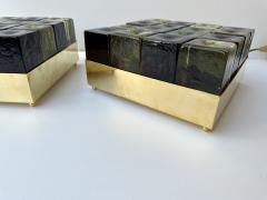 Contemporary Pair of Brass and Murano Glass Cube Marquetry Lamps Italy - 3178208