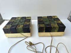 Contemporary Pair of Brass and Murano Glass Cube Marquetry Lamps Italy - 3178211