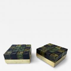 Contemporary Pair of Brass and Murano Glass Cube Marquetry Lamps Italy - 3179722