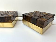 Contemporary Pair of Brass and Murano Glass Cube Marquetry Lamps Italy - 3405092