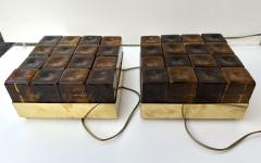 Contemporary Pair of Brass and Murano Glass Cube Marquetry Lamps Italy - 3405094