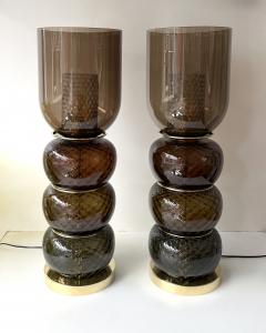 Contemporary Pair of Brass and Murano Glass Smoke Honeycomb Shades Lamps Italy - 4504380