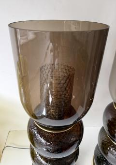 Contemporary Pair of Brass and Murano Glass Smoke Honeycomb Shades Lamps Italy - 4504381