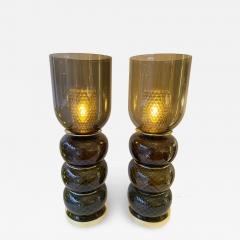 Contemporary Pair of Brass and Murano Glass Smoke Honeycomb Shades Lamps Italy - 4504463