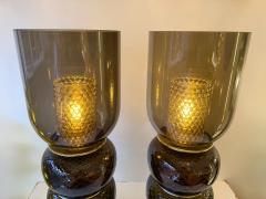 Contemporary Pair of Brass and Murano Glass Smoke Honeycomb Shades Lamps Italy - 4604237