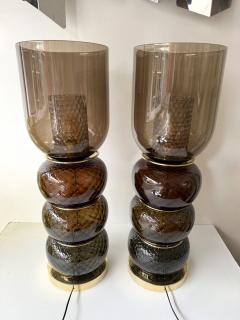 Contemporary Pair of Brass and Murano Glass Smoke Honeycomb Shades Lamps Italy - 4604242