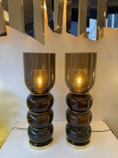 Contemporary Pair of Brass and Murano Glass Smoke Honeycomb Shades Lamps Italy - 4604243