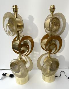 Contemporary Pair of Brass and Murano Glass Spiral Disc Lamps Italy - 3405349
