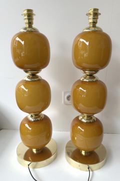 Contemporary Pair of Brass and Orange Murano Glass Bulbs Lamps Italy - 4196982