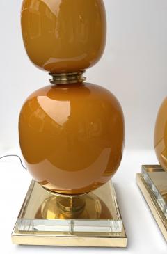 Contemporary Pair of Brass and Orange Murano Glass Bulbs Lamps Italy - 4400457
