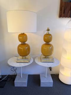 Contemporary Pair of Brass and Orange Murano Glass Bulbs Lamps Italy - 4400459