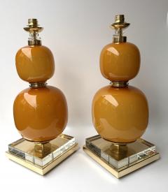Contemporary Pair of Brass and Orange Murano Glass Bulbs Lamps Italy - 4400461