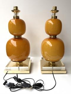 Contemporary Pair of Brass and Orange Murano Glass Bulbs Lamps Italy - 4400462